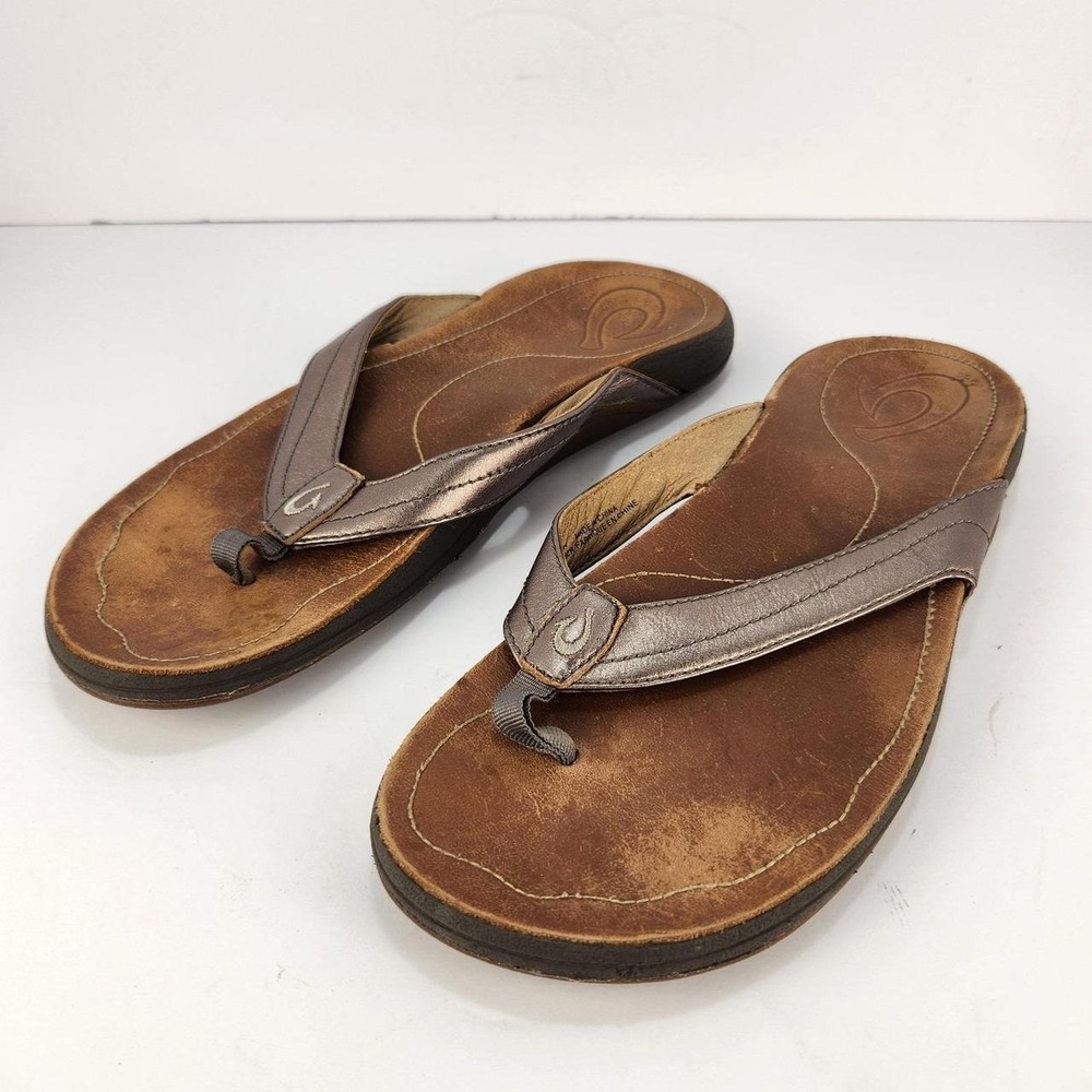 Olukai Women's Size 9 Brown Leather Flip Flop Sandals Comfort Beach Casual Shoe